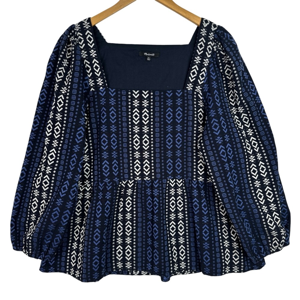 Madewell Lightspun Millbrook Puff Sleeve Peplum Top XL Blue Geo Square Neck